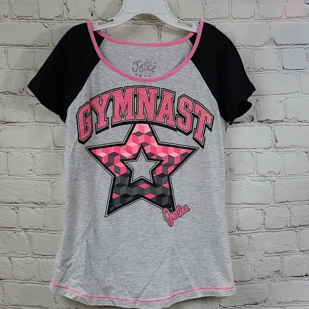 Justice Girls 8 GYMNAST Pink Glitter Raglan T-Shirt Black Gray Tee Knit Top